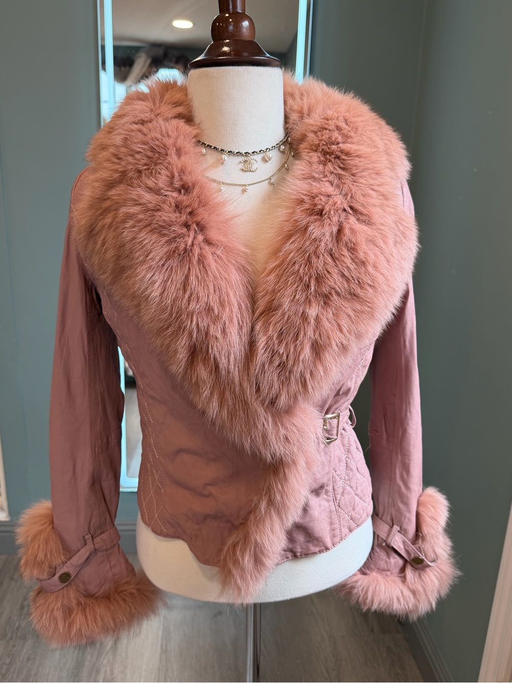 Vintage Pink sheep Leather Fox Fur Jacket XS Y2K Cropped